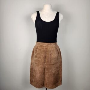 Vintage Brown Suede Leather Skirt Old Money Classic Preppy Size 14 Fits Size M